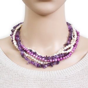 Vintage Genuine Pearl & Amethyst Multi-Strand Beaded Necklace Sterling Silver